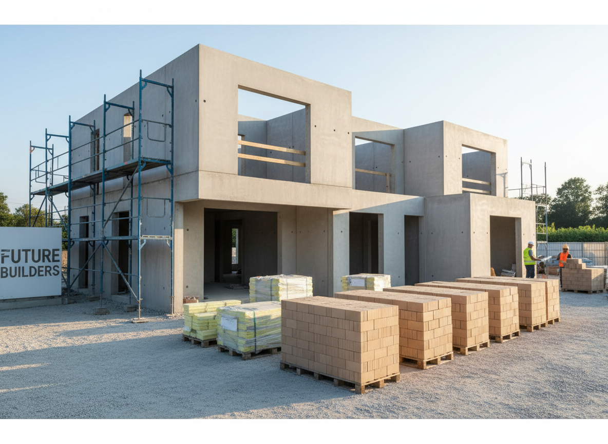 A modern, partially constructed family home with clean geometric lines and neutral-toned concrete walls, set on a tidy construction site. The structure stands on a leveled gravel foundation, with stacks of uniform bricks and pallets of light-colored insulation materials organized neatly nearby. Afternoon sun casts gentle, elongated shadows, subtly highlighting the textures of cement and the structured scaffolding. The mood reflects professionalism and progress, evoking a calm, balanced energy. Captured from an eye-level perspective with balanced composition and sharp focus throughout, the scene embodies photographic realism and a clean, corporate aesthetic ideal for a construction business site.
